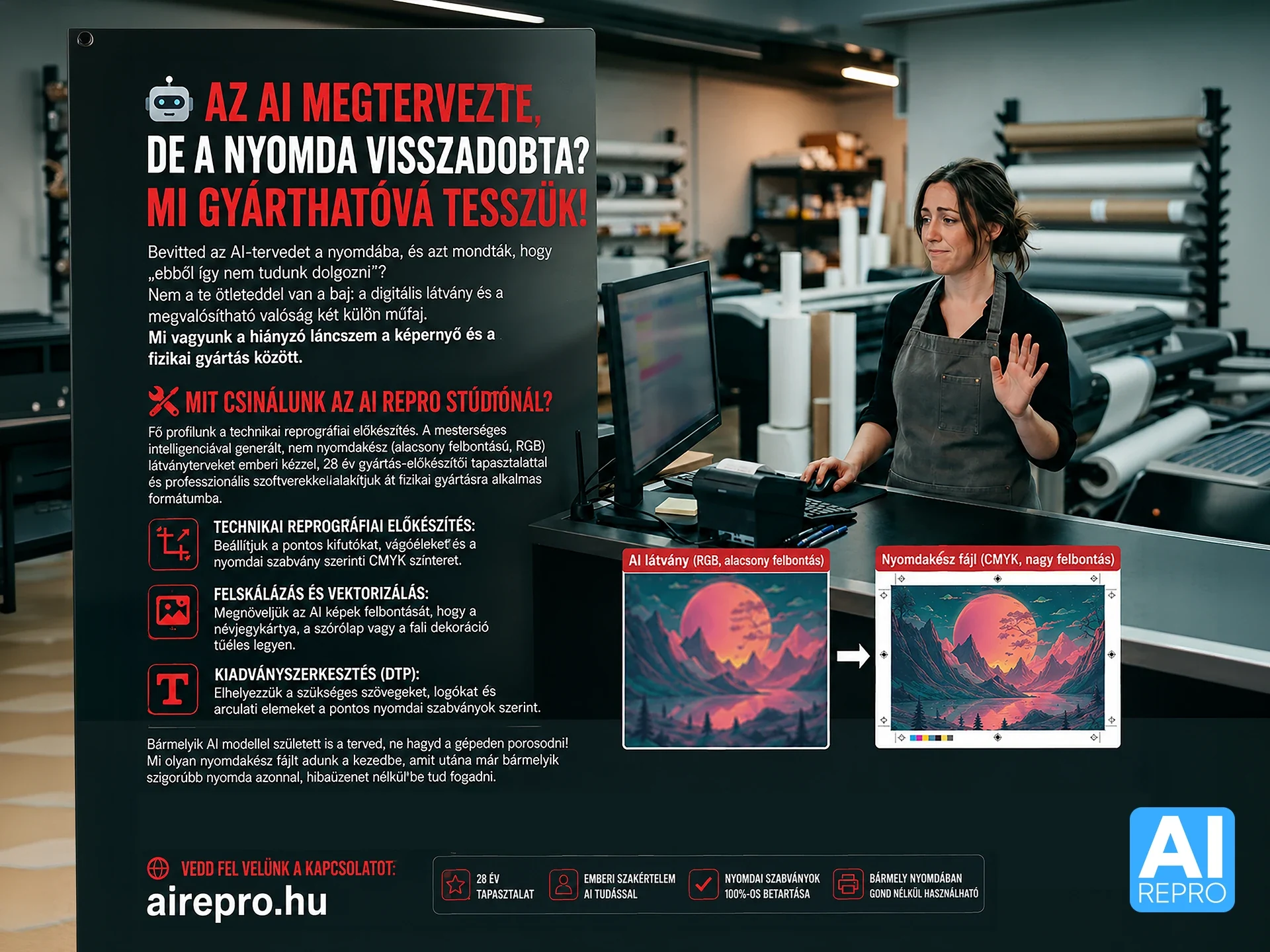 Az AI Repro Stúdió szakembere a nyomdai munkaállomásnál, mellette az AI-látvány és a belőle készült nyomdakész fájl összevetése